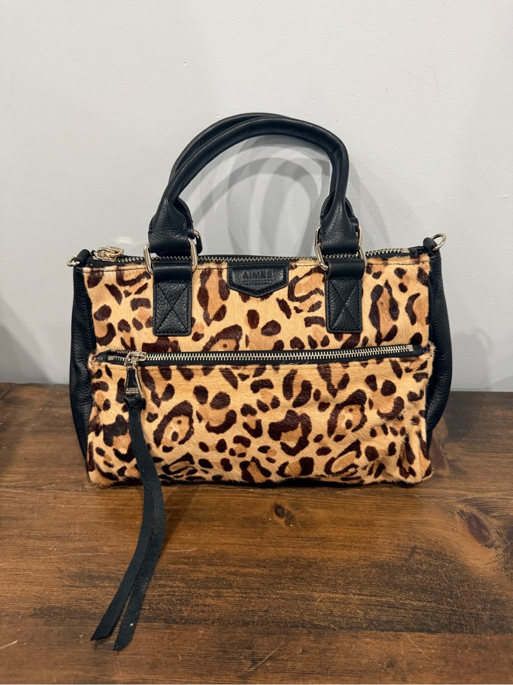 New!!  Aimee Kestenberg Leopard-Print Satchel with Black Trim